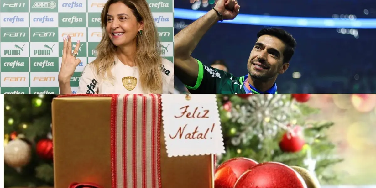 A mamãe Noel Leila Pereira dando presente para Abel Ferreira